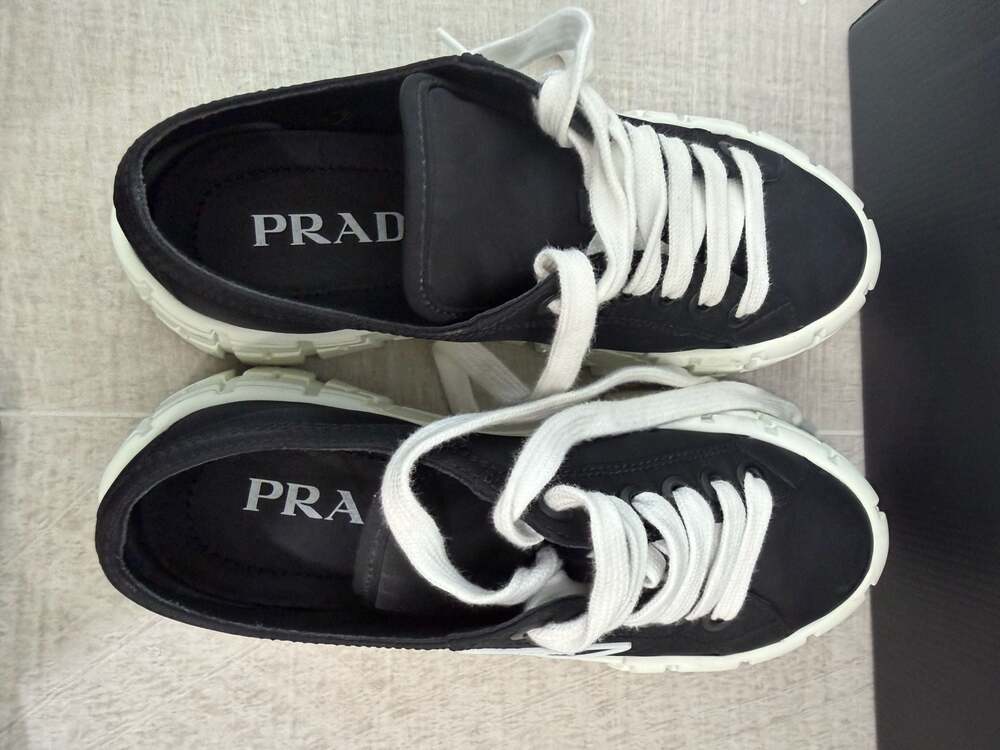 Prada Double Wheel Nylon Gabardine Low-Top Sneakers Black White - Picture 9 of 14